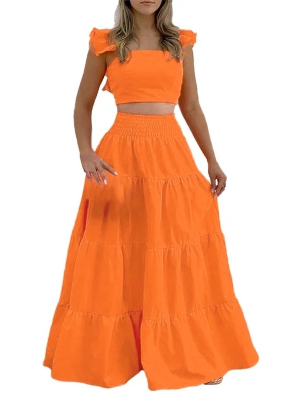Women's bright orange 2 Piece Summer Maxi Skirt and crop top set size XL